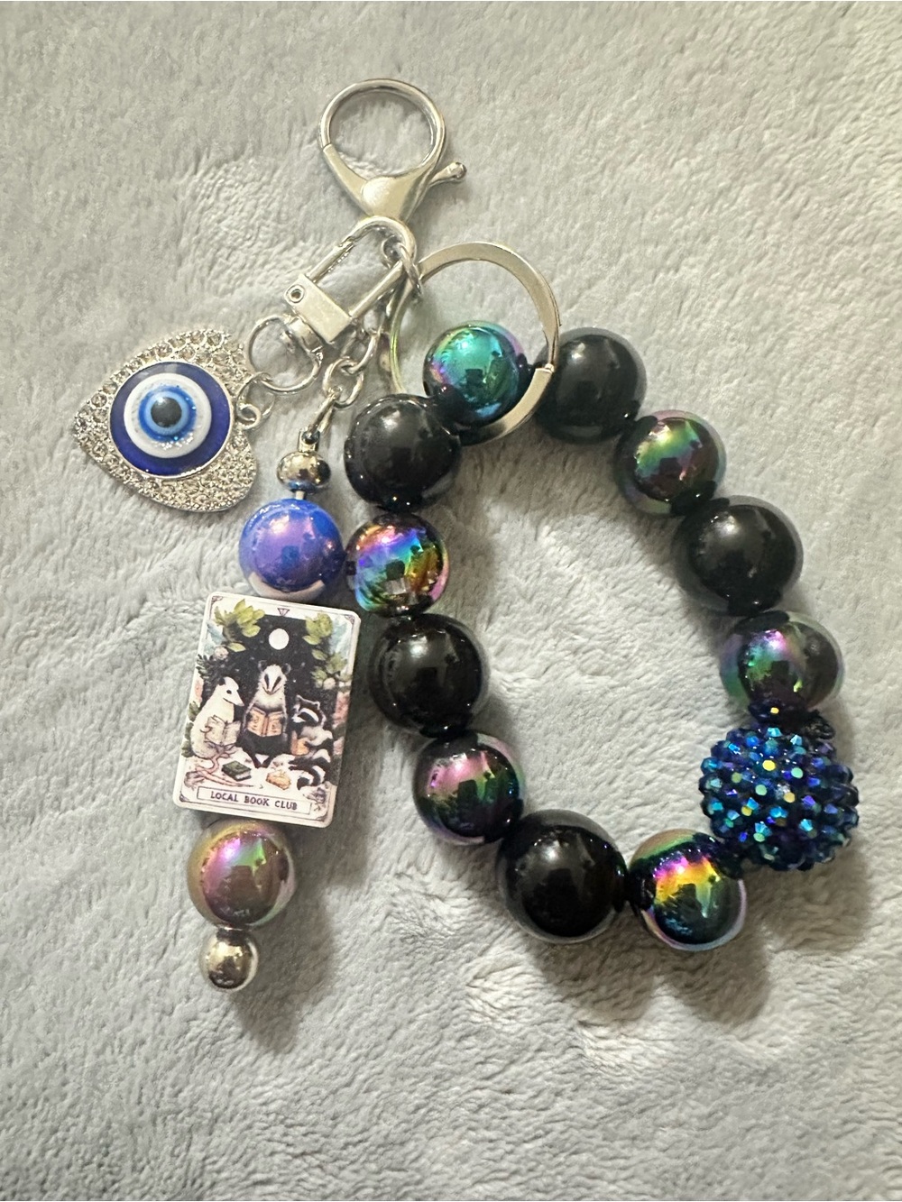 Iridescent Black Beaded Keychain and Wristlet with Blue Evil Eye Charm